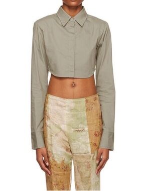 Cropped Button-Front Shirt - Sage Green